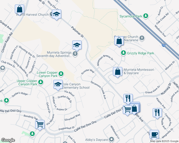 map of restaurants, bars, coffee shops, grocery stores, and more near 23515 Scooter Way in Murrieta