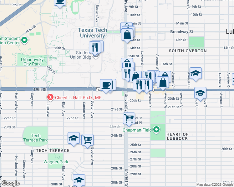map of restaurants, bars, coffee shops, grocery stores, and more near 2525 19th Street in Lubbock
