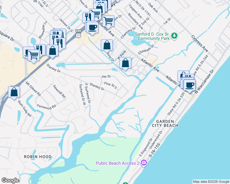map of restaurants, bars, coffee shops, grocery stores, and more near 316 Stanley Drive in Murrells Inlet