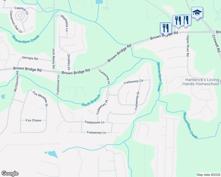 map of restaurants, bars, coffee shops, grocery stores, and more near 75 Trelawney Place in Covington