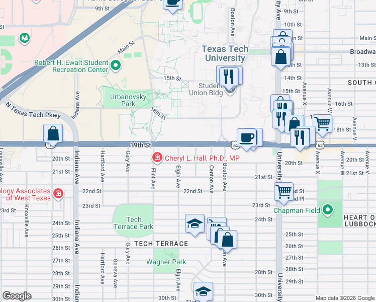 map of restaurants, bars, coffee shops, grocery stores, and more near 2909 19th St in Lubbock