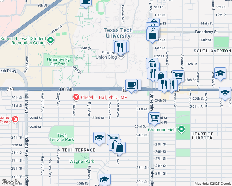 map of restaurants, bars, coffee shops, grocery stores, and more near 2701 19th Street in Lubbock