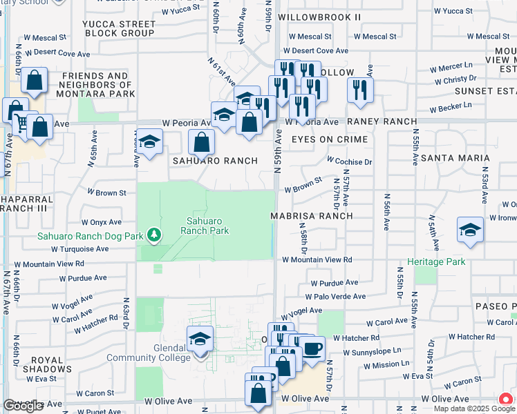 map of restaurants, bars, coffee shops, grocery stores, and more near 5959 West Brown Street in Glendale