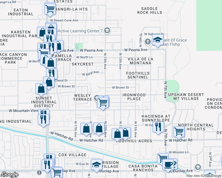 map of restaurants, bars, coffee shops, grocery stores, and more near 1405 West Brown Street in Phoenix
