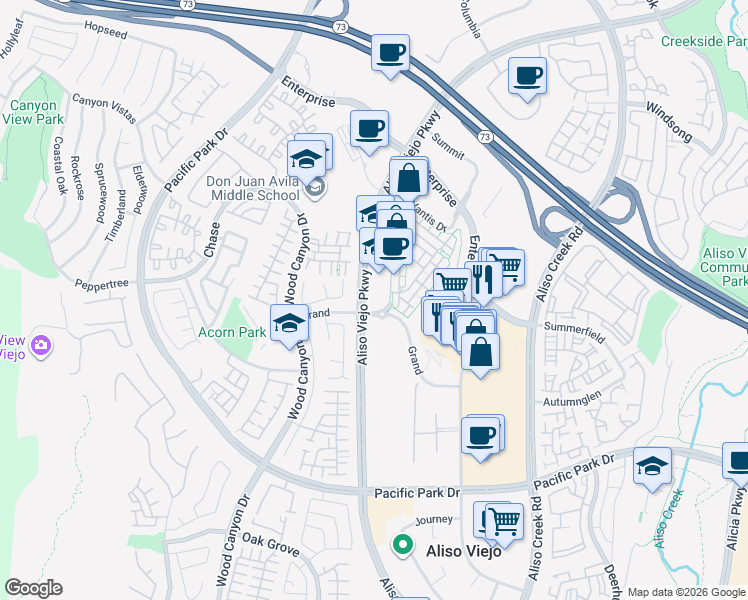 map of restaurants, bars, coffee shops, grocery stores, and more near 130 Vantis Drive in Aliso Viejo