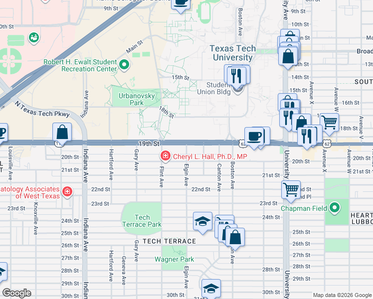 map of restaurants, bars, coffee shops, grocery stores, and more near 2909 19th Street in Lubbock