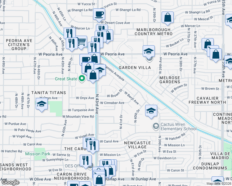 map of restaurants, bars, coffee shops, grocery stores, and more near 4142 West Brown Street in Phoenix