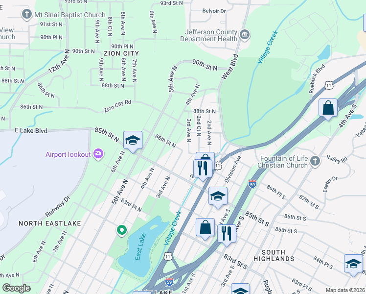 map of restaurants, bars, coffee shops, grocery stores, and more near 301 86th St N in Birmingham