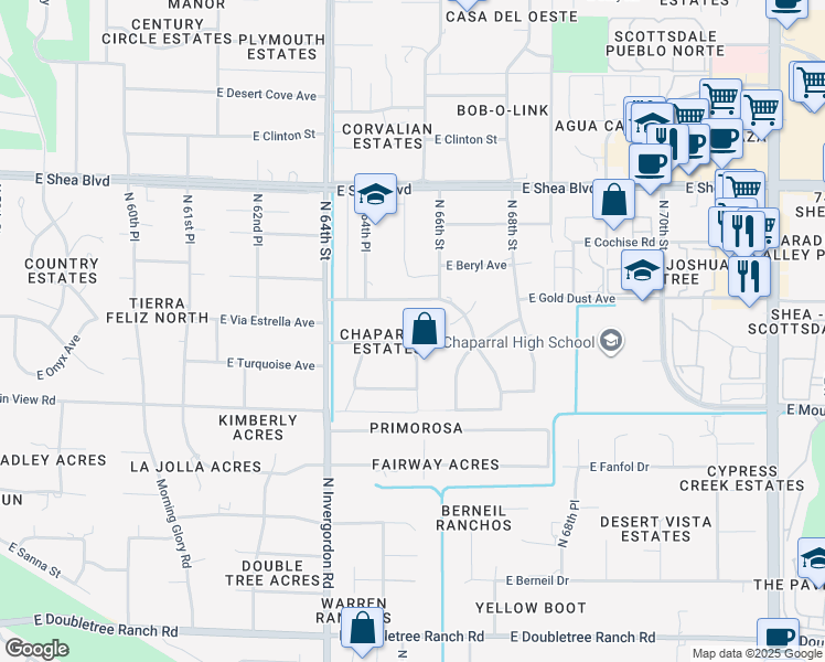map of restaurants, bars, coffee shops, grocery stores, and more near 6512 East Turquoise Avenue in Paradise Valley
