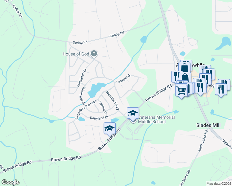 map of restaurants, bars, coffee shops, grocery stores, and more near 325 Spring Lake Terrace in Covington