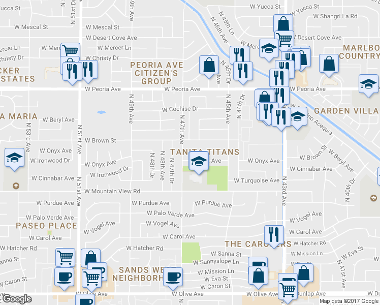 map of restaurants, bars, coffee shops, grocery stores, and more near 10032 N 46th Dr in Glendale