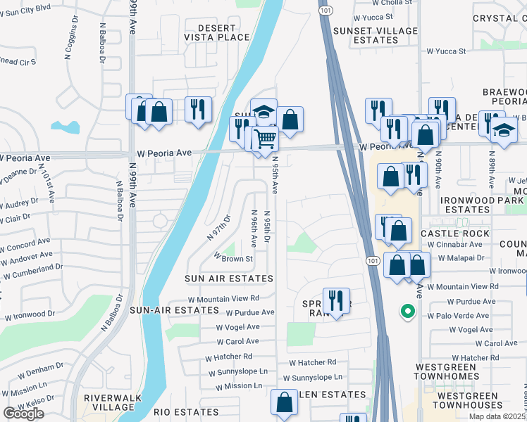 map of restaurants, bars, coffee shops, grocery stores, and more near 10216 North 95th Drive in Peoria