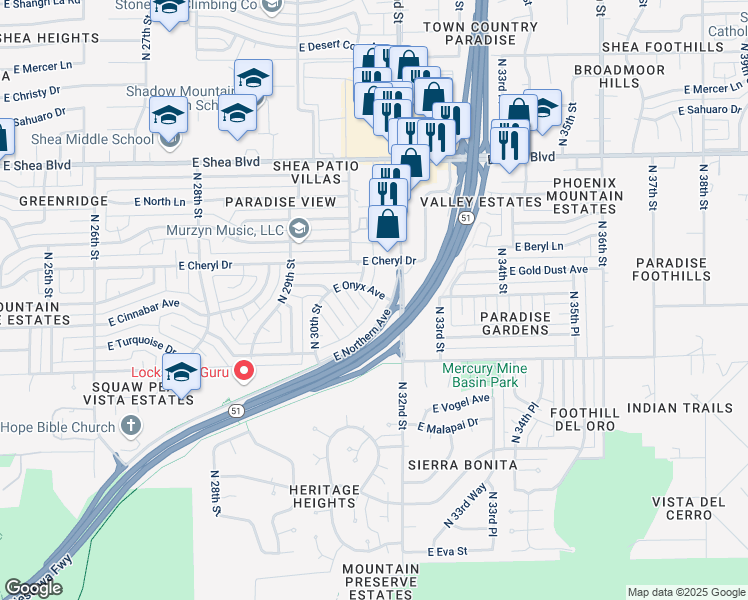 map of restaurants, bars, coffee shops, grocery stores, and more near 3133 East Onyx Avenue in Phoenix