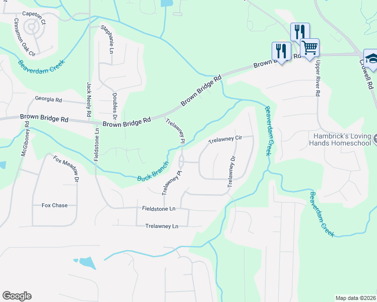 map of restaurants, bars, coffee shops, grocery stores, and more near 75 Trelawney Place in Covington