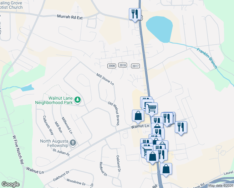 map of restaurants, bars, coffee shops, grocery stores, and more near 132 Mill Stone Lane in North Augusta