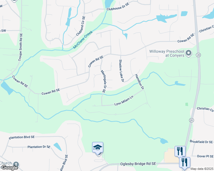 map of restaurants, bars, coffee shops, grocery stores, and more near 3818 Martingale Drive Southeast in Conyers