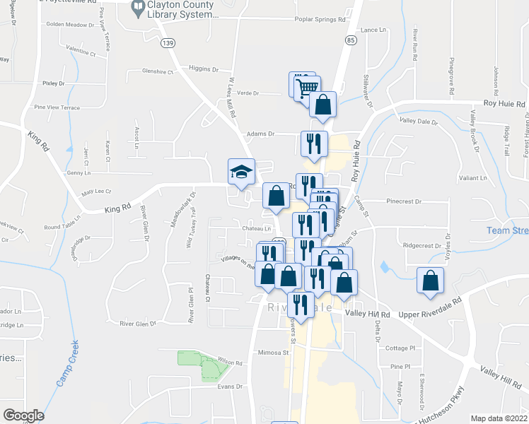 map of restaurants, bars, coffee shops, grocery stores, and more near 6501 Church Street in Riverdale