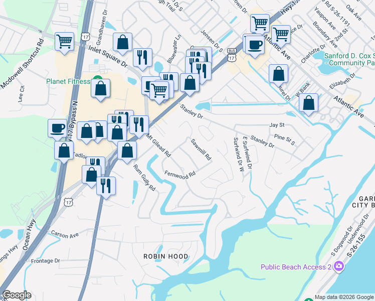 map of restaurants, bars, coffee shops, grocery stores, and more near 852 Riven Oak Drive in Murrells Inlet