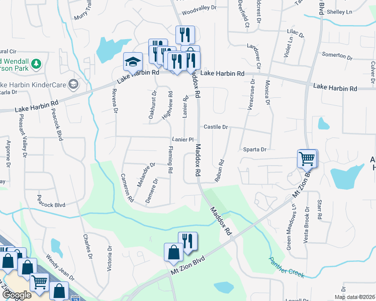 map of restaurants, bars, coffee shops, grocery stores, and more near 6505 Allatoona Road in Morrow