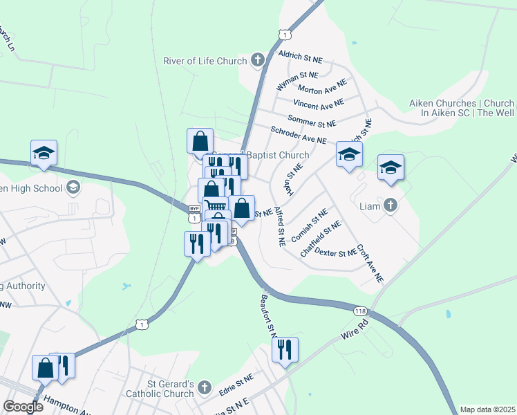 map of restaurants, bars, coffee shops, grocery stores, and more near 656 Aldrich Street Northeast in Aiken