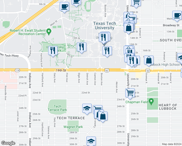 map of restaurants, bars, coffee shops, grocery stores, and more near 2809 19th Street in Lubbock