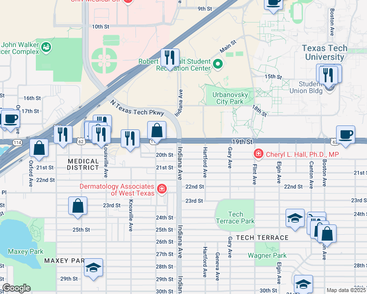 map of restaurants, bars, coffee shops, grocery stores, and more near 3323 19th Street in Lubbock