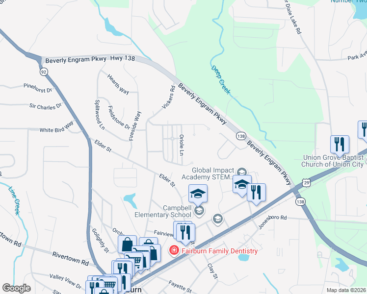 map of restaurants, bars, coffee shops, grocery stores, and more near 4075 Oriole Lane in Fairburn