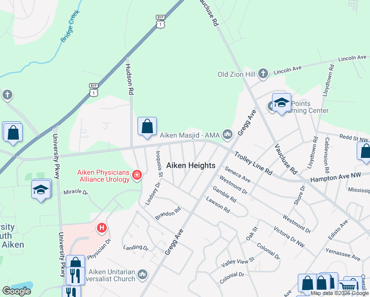 map of restaurants, bars, coffee shops, grocery stores, and more near 118 Edgemont Street in Aiken