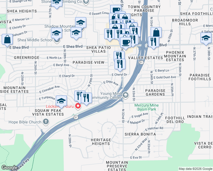 map of restaurants, bars, coffee shops, grocery stores, and more near 10026 North 31st Street in Phoenix