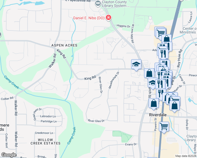 map of restaurants, bars, coffee shops, grocery stores, and more near 6487 River Glen Drive in Riverdale