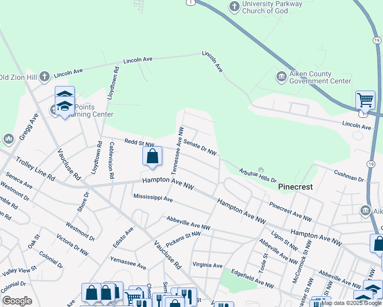 map of restaurants, bars, coffee shops, grocery stores, and more near 1376 Congress Drive Northwest in Aiken