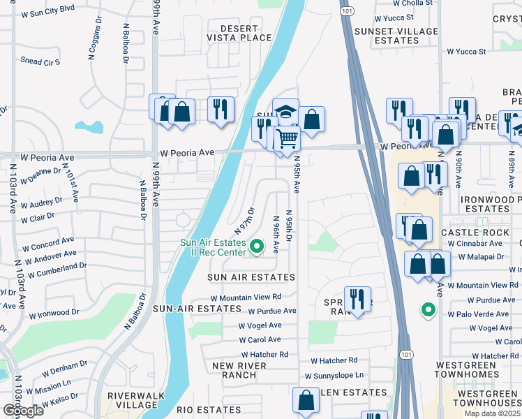 map of restaurants, bars, coffee shops, grocery stores, and more near 10220 N 97th Ave in Peoria