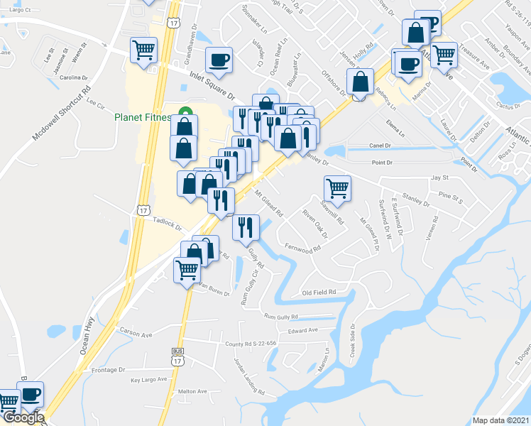 map of restaurants, bars, coffee shops, grocery stores, and more near 598 Rum Gully Rd in Murrells Inlet