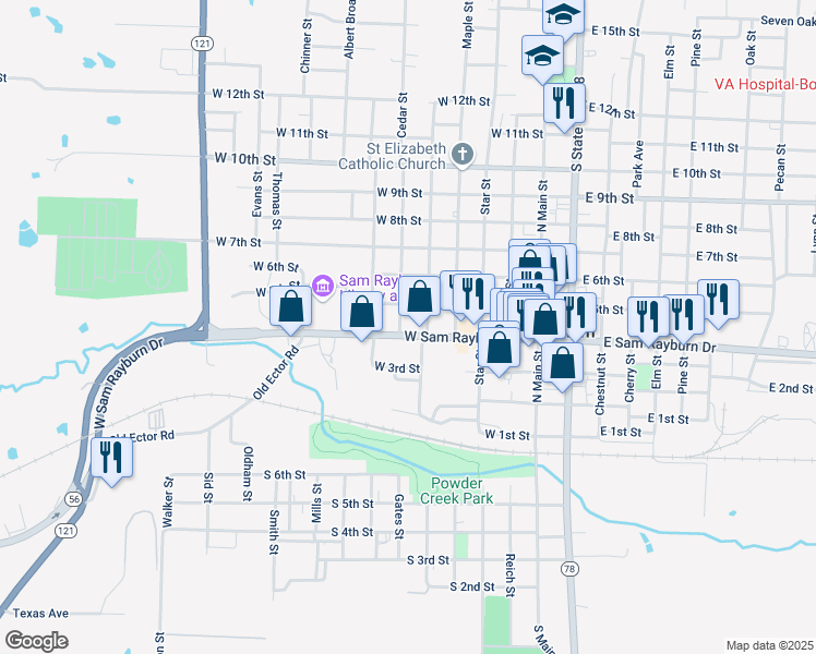 map of restaurants, bars, coffee shops, grocery stores, and more near 518 W Sam Rayburn Dr in Bonham