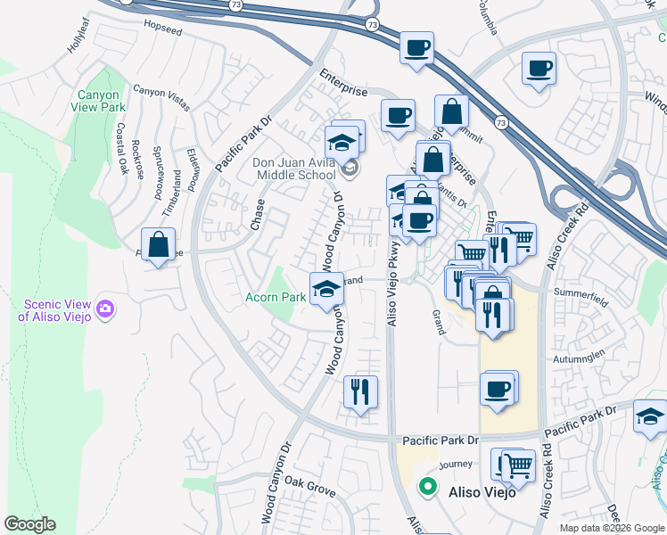 map of restaurants, bars, coffee shops, grocery stores, and more near 21 Caledon Court in Aliso Viejo