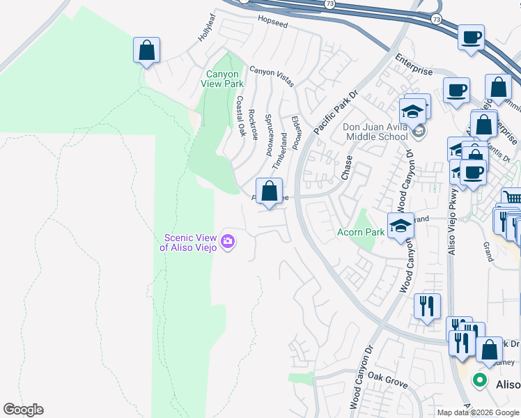 map of restaurants, bars, coffee shops, grocery stores, and more near 19 Vista Del Cerro in Aliso Viejo