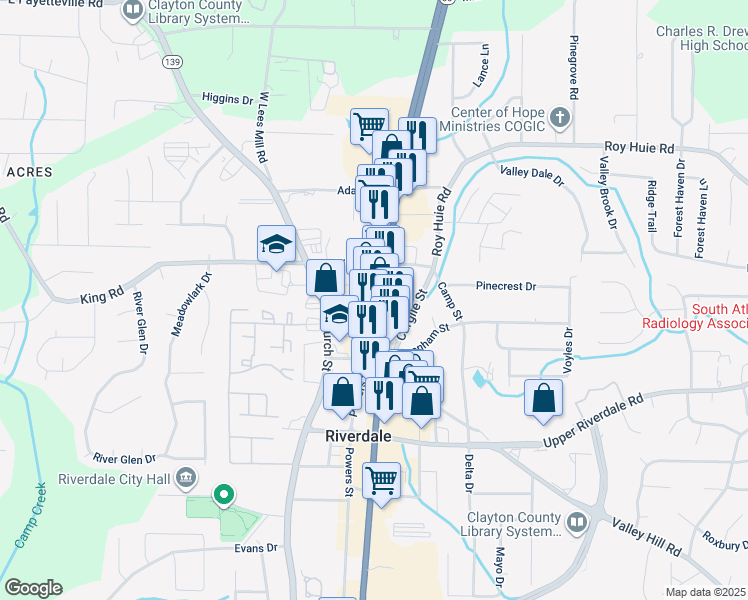 map of restaurants, bars, coffee shops, grocery stores, and more near 6499 Georgia 85 in Riverdale