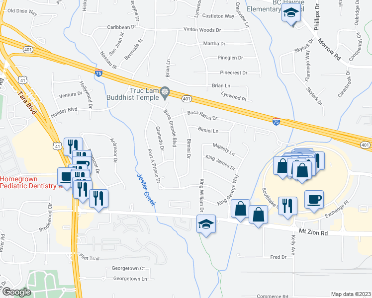 map of restaurants, bars, coffee shops, grocery stores, and more near 6487 Bimini Drive in Forest Park