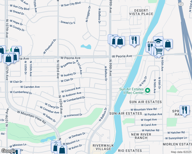 map of restaurants, bars, coffee shops, grocery stores, and more near 9952 West Clair Drive in Sun City