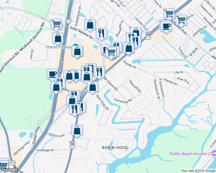 map of restaurants, bars, coffee shops, grocery stores, and more near 598 Rum Gully Road in Murrells Inlet