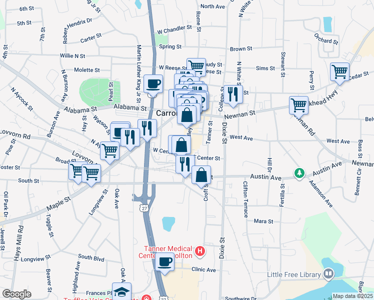 map of restaurants, bars, coffee shops, grocery stores, and more near 327 Bradley Street in Carrollton