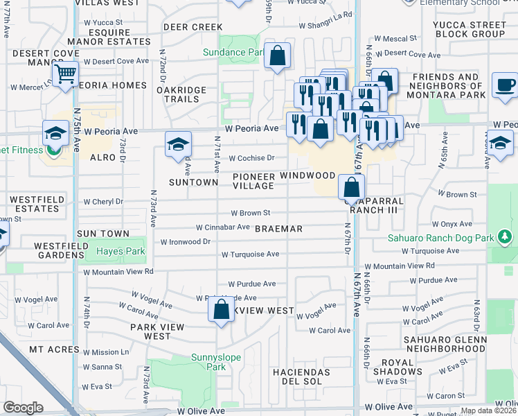 map of restaurants, bars, coffee shops, grocery stores, and more near 6958 West Brown Street in Peoria