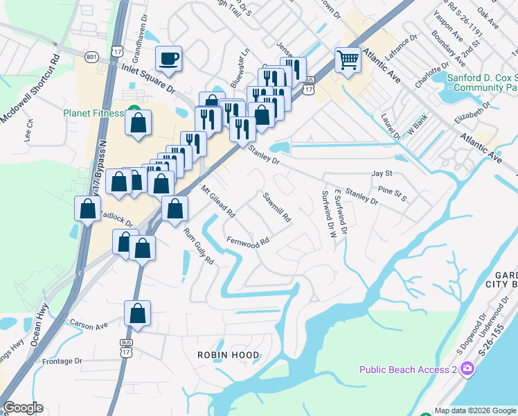 map of restaurants, bars, coffee shops, grocery stores, and more near 852 Riven Oak Drive in Murrells Inlet
