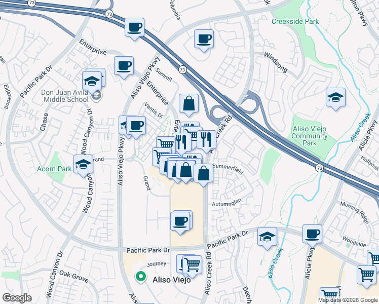 map of restaurants, bars, coffee shops, grocery stores, and more near 26541 Aliso Creek Road in Aliso Viejo