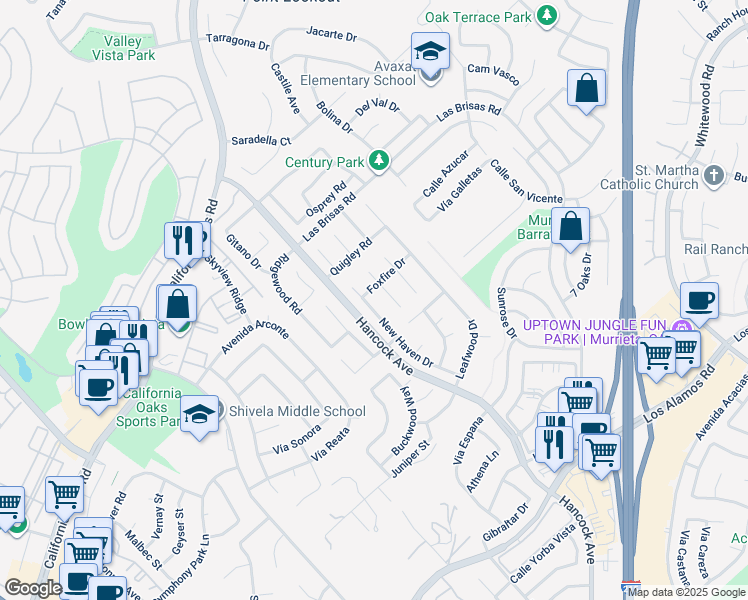 map of restaurants, bars, coffee shops, grocery stores, and more near 24474 New Haven Drive in Murrieta