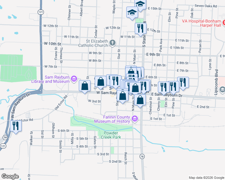 map of restaurants, bars, coffee shops, grocery stores, and more near 328 West Sam Rayburn Drive in Bonham