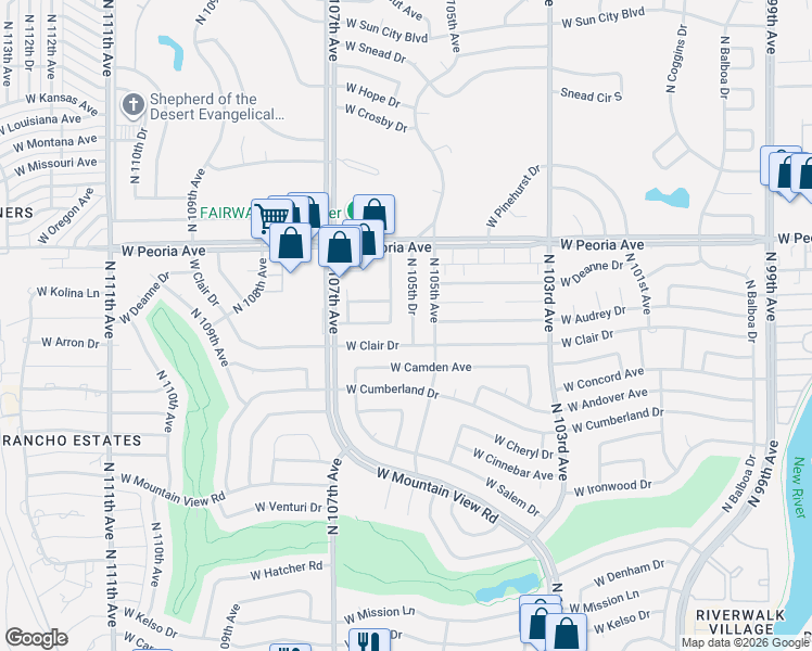 map of restaurants, bars, coffee shops, grocery stores, and more near 10216 North 105th Drive in Sun City