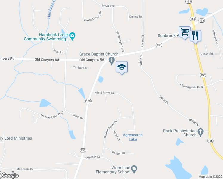 map of restaurants, bars, coffee shops, grocery stores, and more near 140 White Acres Drive in Stockbridge