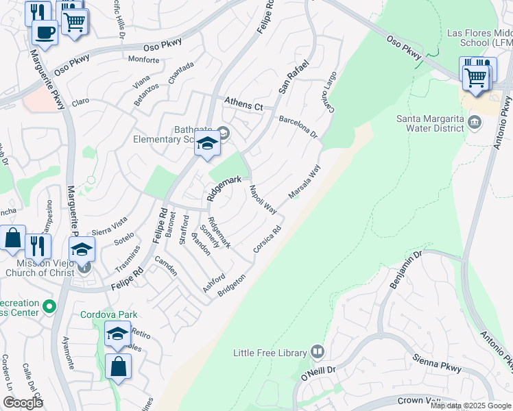 map of restaurants, bars, coffee shops, grocery stores, and more near 26531 Domingo Drive in Mission Viejo