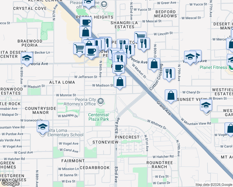 map of restaurants, bars, coffee shops, grocery stores, and more near 10100 North 83rd Avenue in Peoria